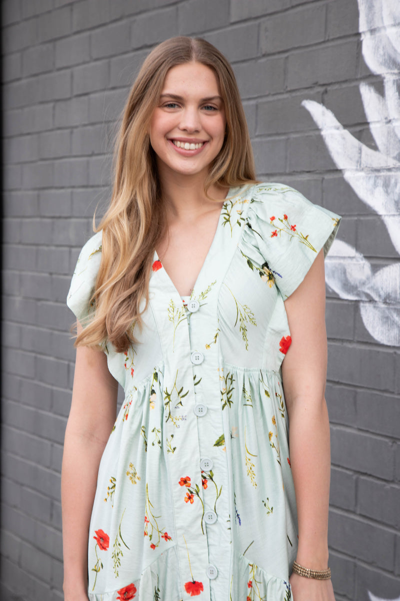 Seneca Button Down Floral Midi Dress, Mint Mix