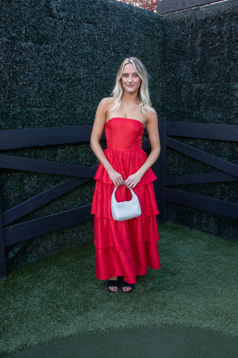 Baylie Strapless Tiered Maxi Dress, Red