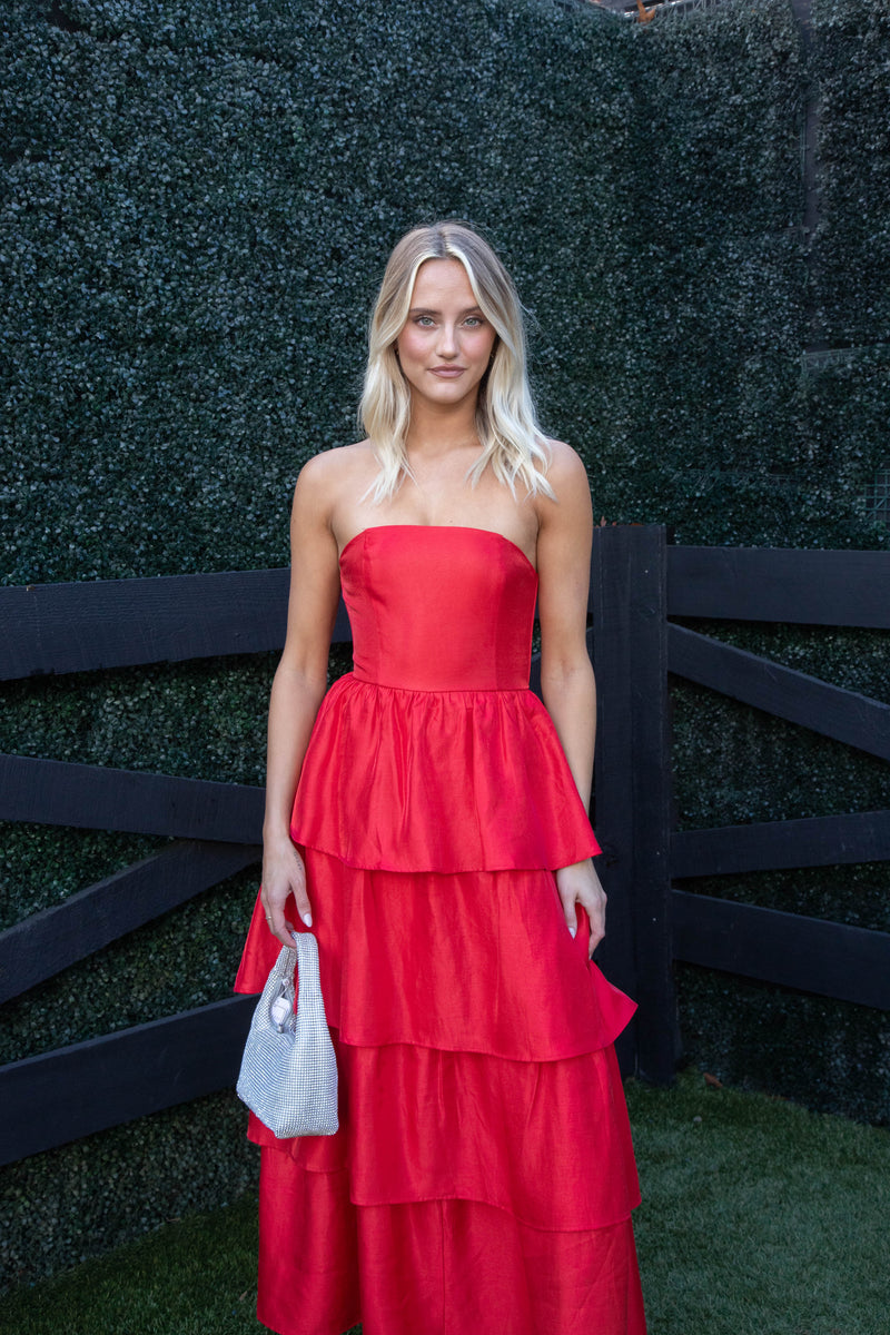 Baylie Strapless Tiered Maxi Dress, Red