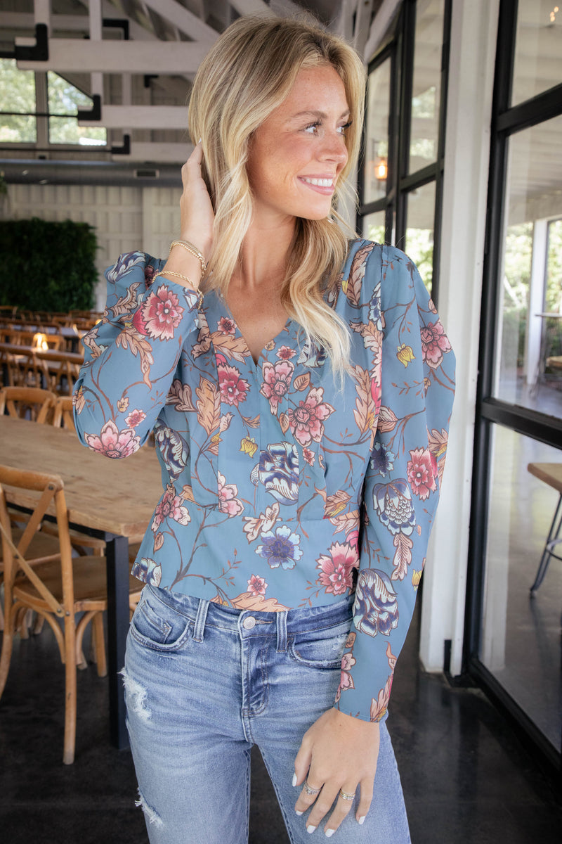 Saige Floral Peplum Top, Cadet Blue | Steve Madden