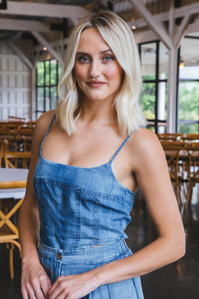 Allison Sleeveless Corset Crop Top, Chambray