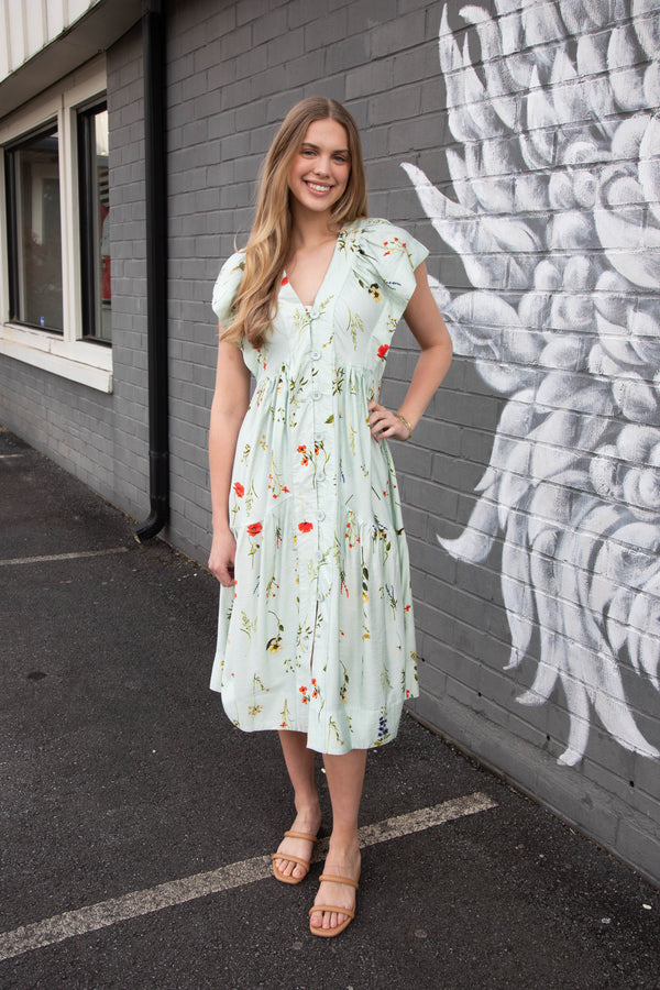 Seneca Button Down Floral Midi Dress, Mint Mix