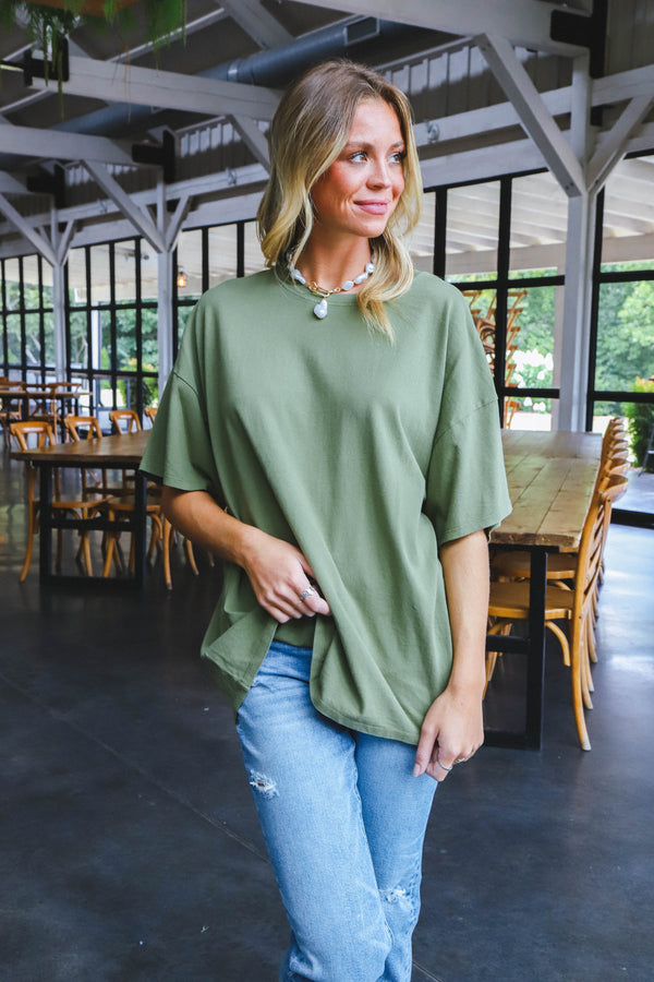 Nylah Distressed Cotton Tee, Moss