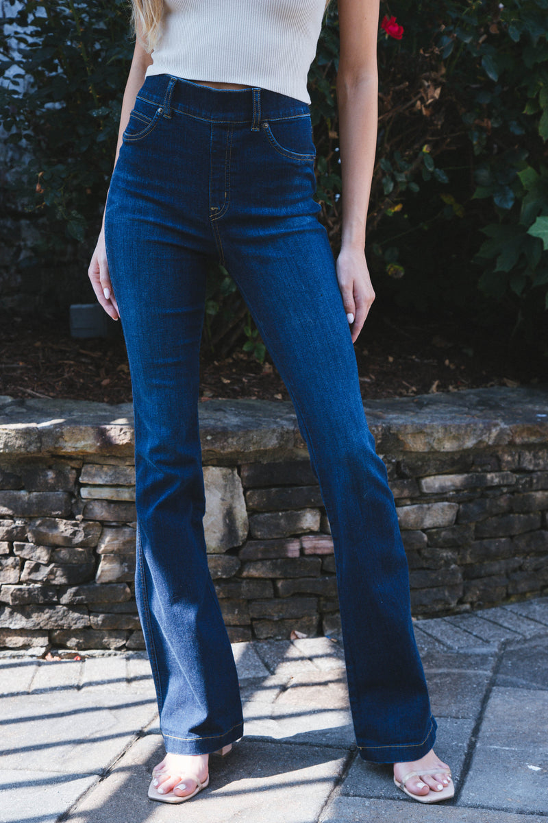 SPANX® High Rise Flare Leg Jeans in Midnight Shade