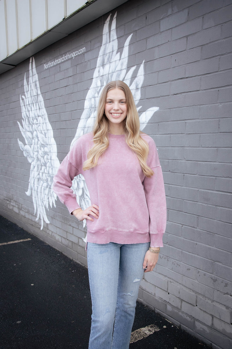 Lia Acid Washed Fleece Pullover, Light Rose