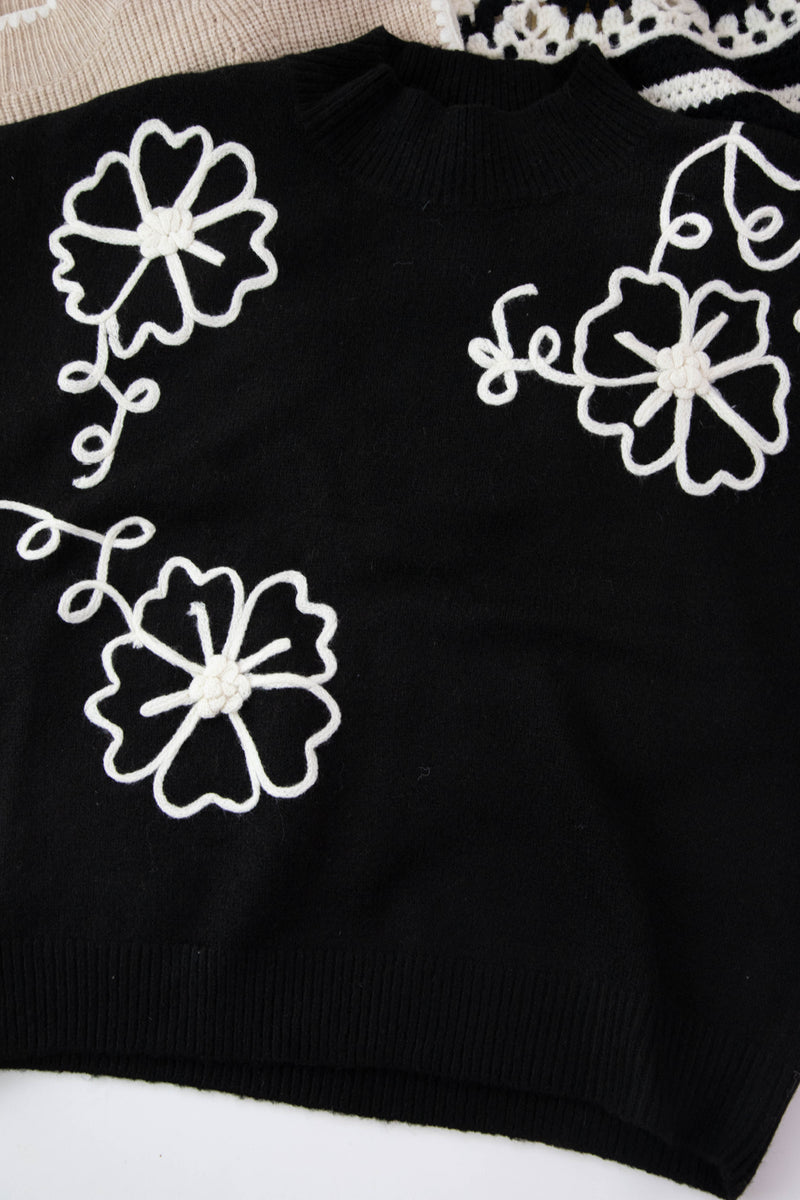 Kaliyah Floral Appliques Sweater, Black