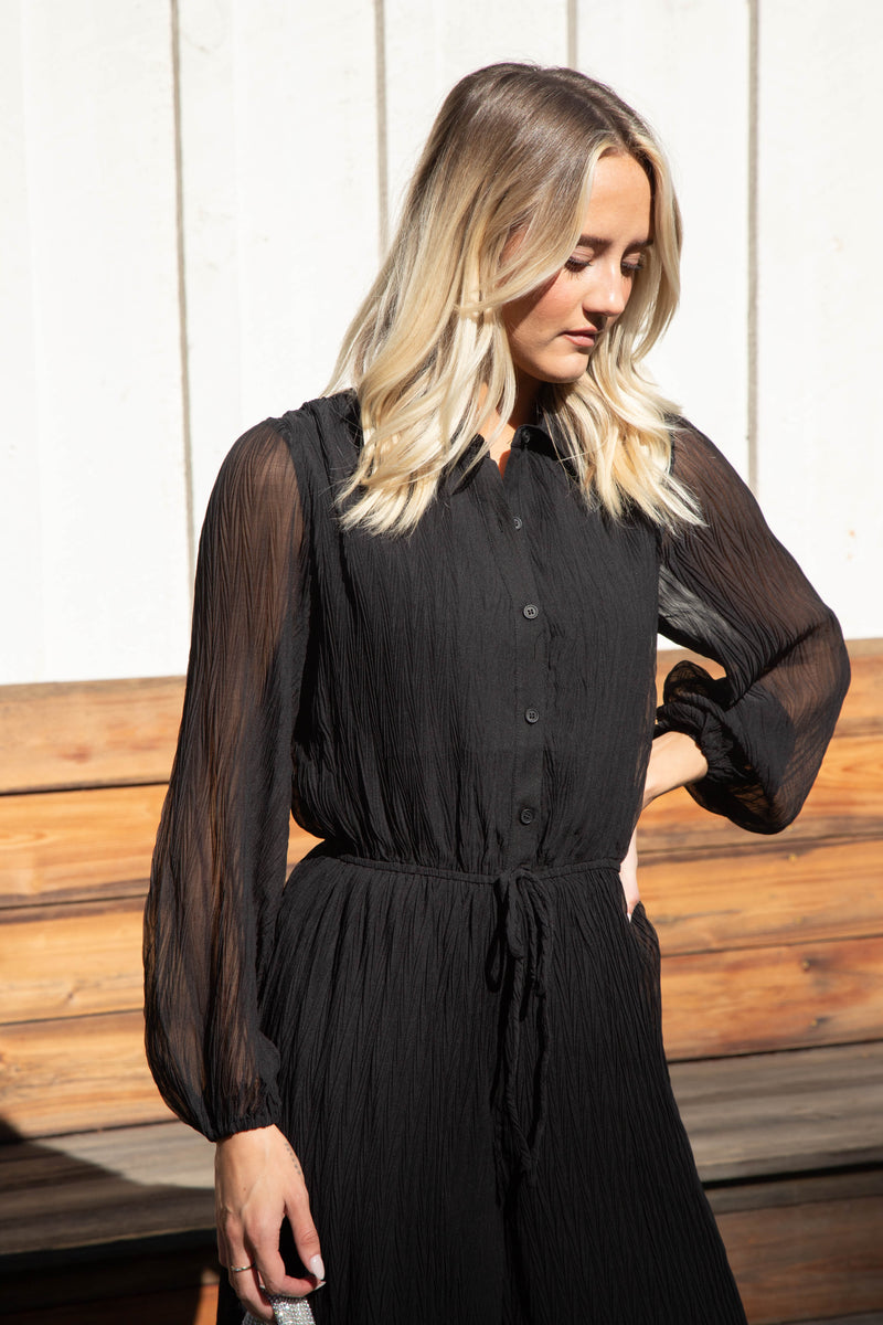 Gathering Button Up Jumpsuit, Black | Sadie & Sage