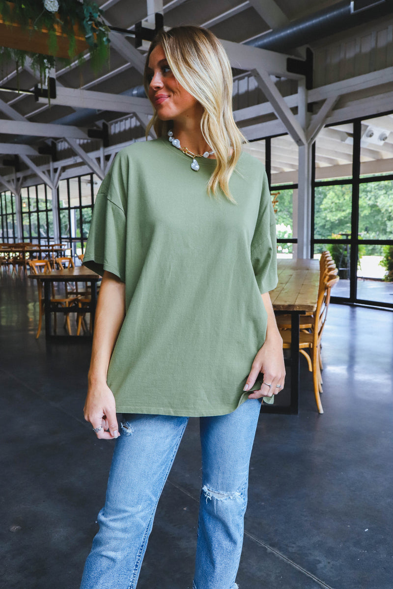 Nylah Distressed Cotton Tee, Moss