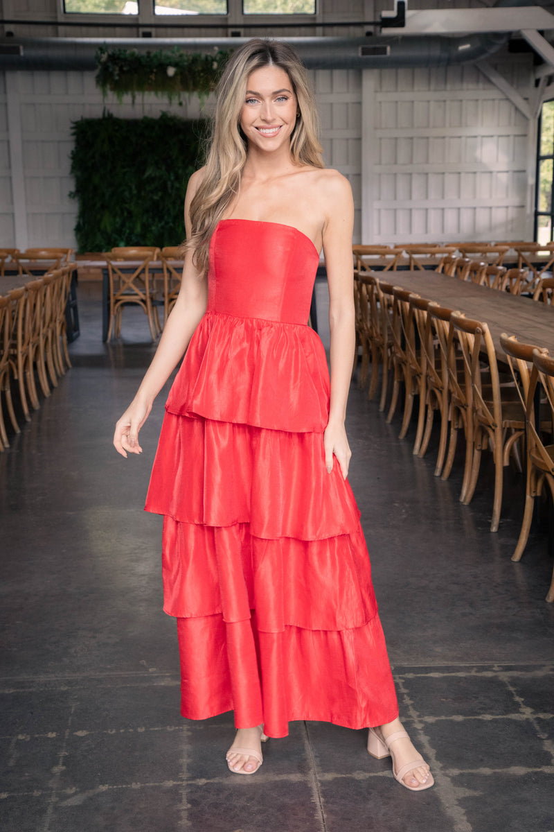 Baylie Strapless Tiered Maxi Dress, Red