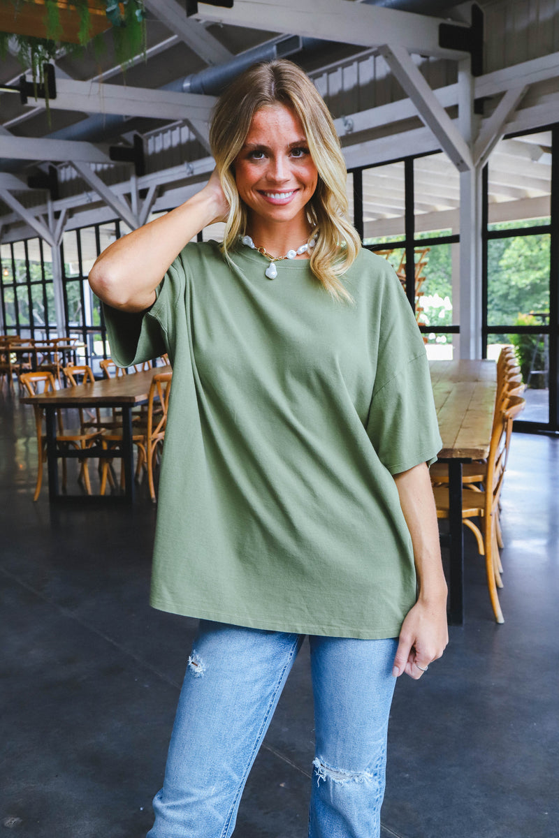 Nylah Distressed Cotton Tee, Moss