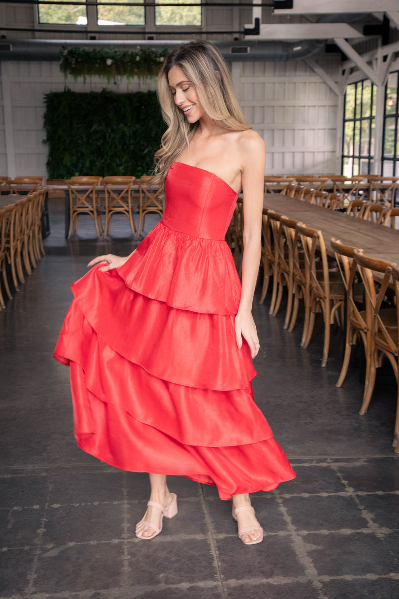 Baylie Strapless Tiered Maxi Dress, Red