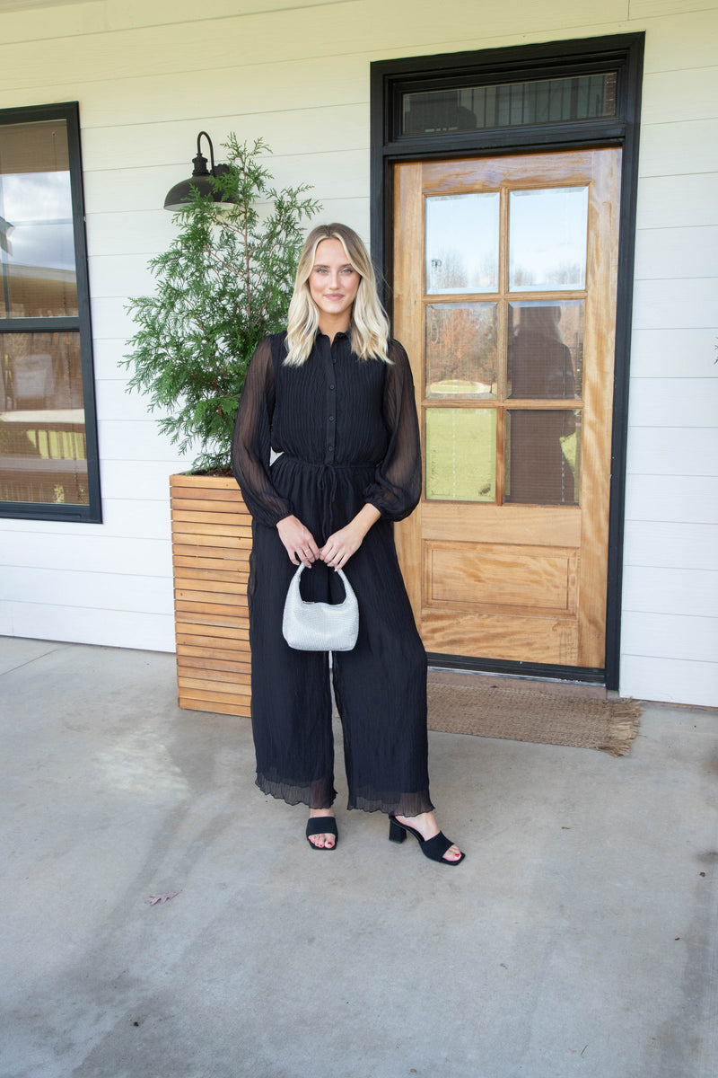 Gathering Button Up Jumpsuit, Black | Sadie & Sage