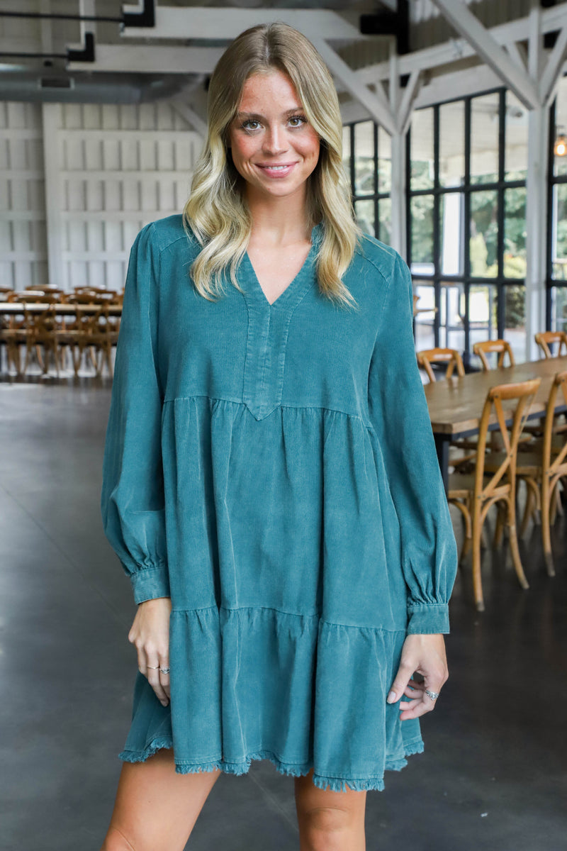 Leslie Corduroy Tiered Dress, Hunter Green