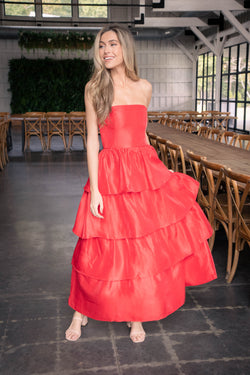 Baylie Strapless Tiered Maxi Dress, Red