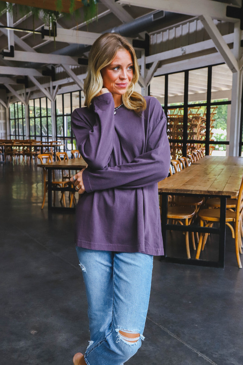 Simone Oversized Long Sleeve Tee, Dark Plum