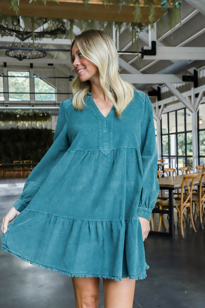 Leslie Corduroy Tiered Dress, Hunter Green