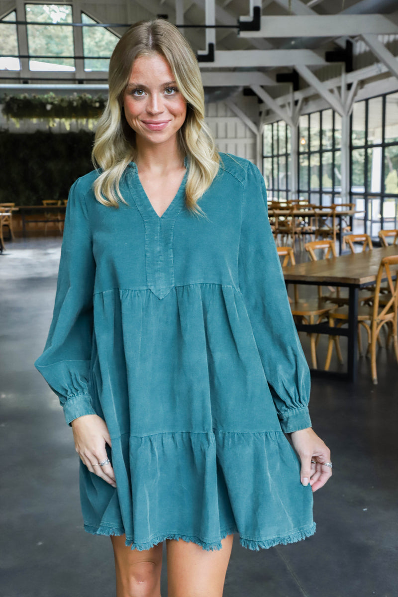 Leslie Corduroy Tiered Dress, Hunter Green