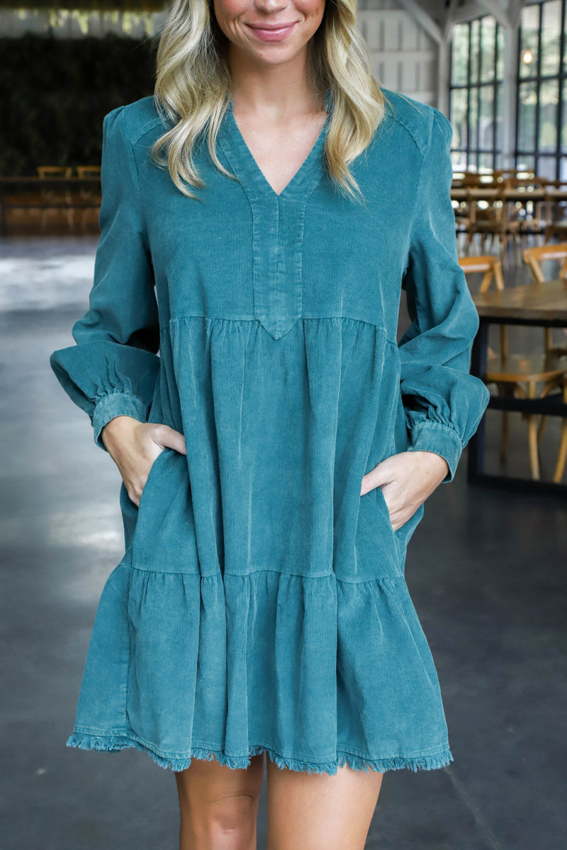 Leslie Corduroy Tiered Dress, Hunter Green