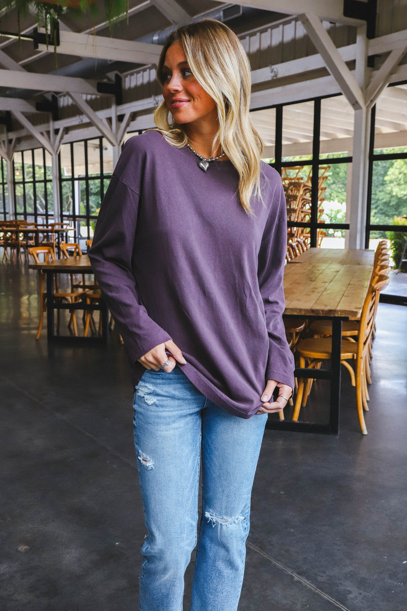 Simone Oversized Long Sleeve Tee, Dark Plum