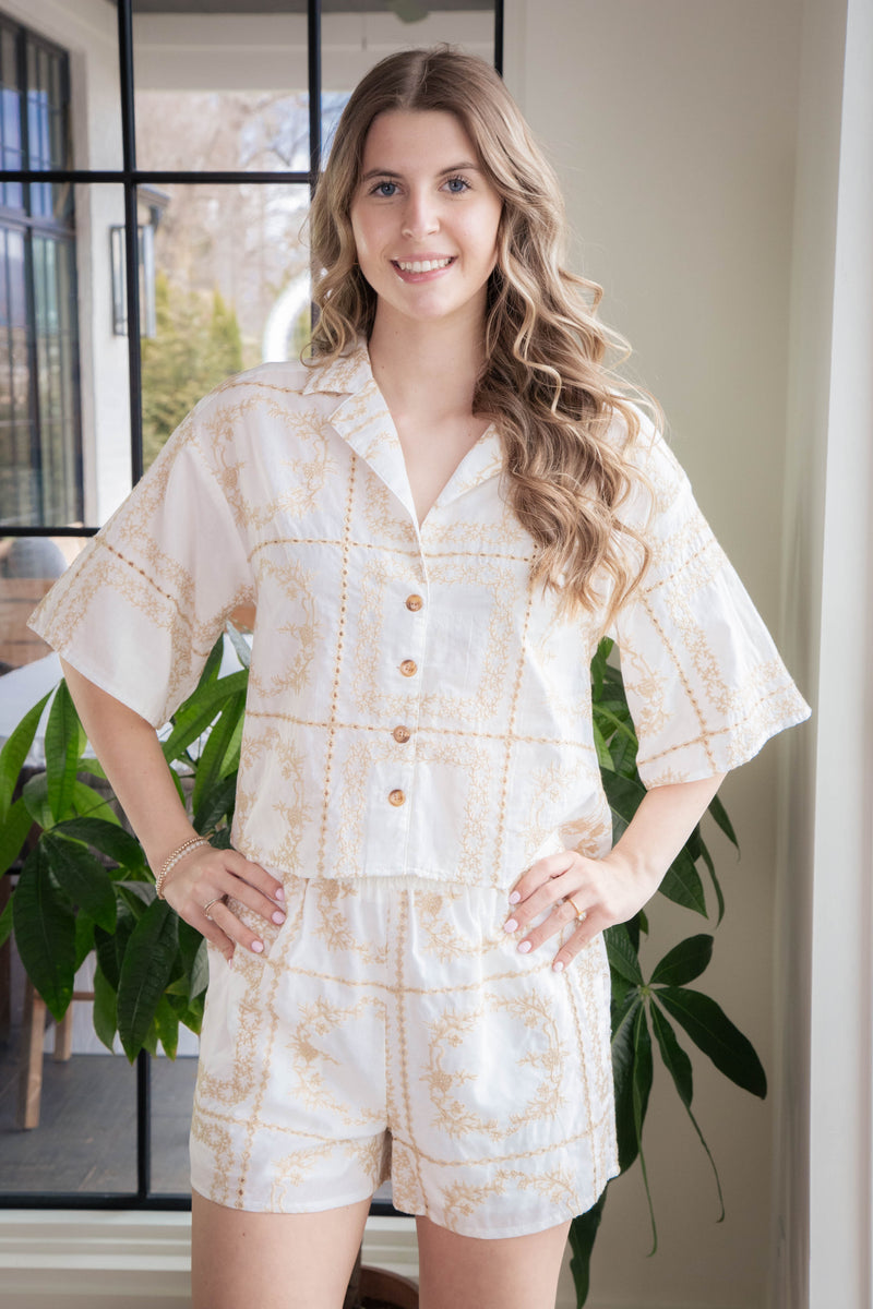 Quinn Embroidered Button Down Shirt, Taupe