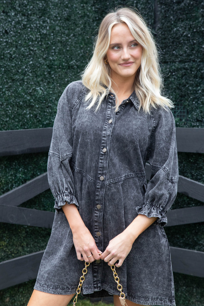 Jess Button Down Denim Dress, Washed Black