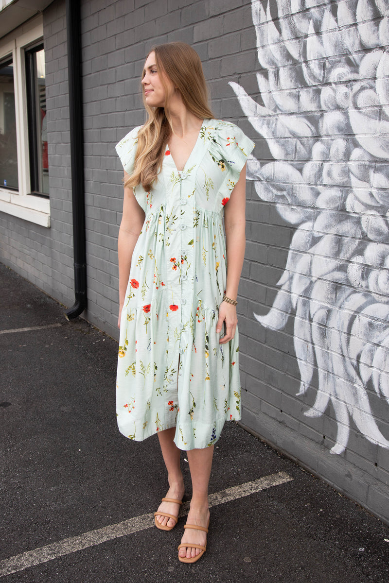 Seneca Button Down Floral Midi Dress, Mint Mix