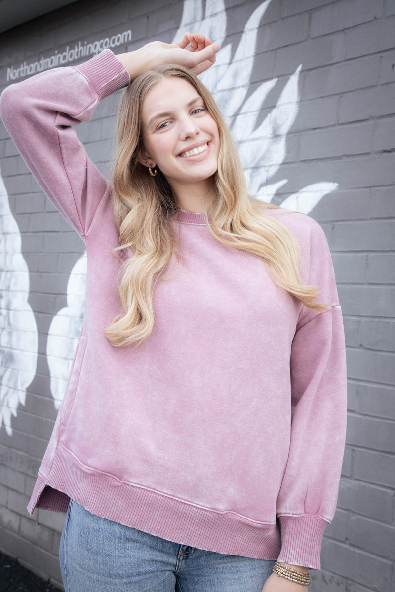 Lia Acid Washed Fleece Pullover, Light Rose