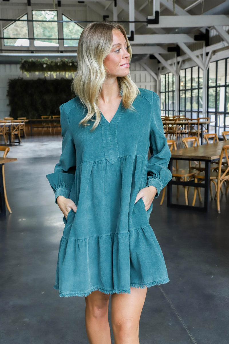 Leslie Corduroy Tiered Dress, Hunter Green