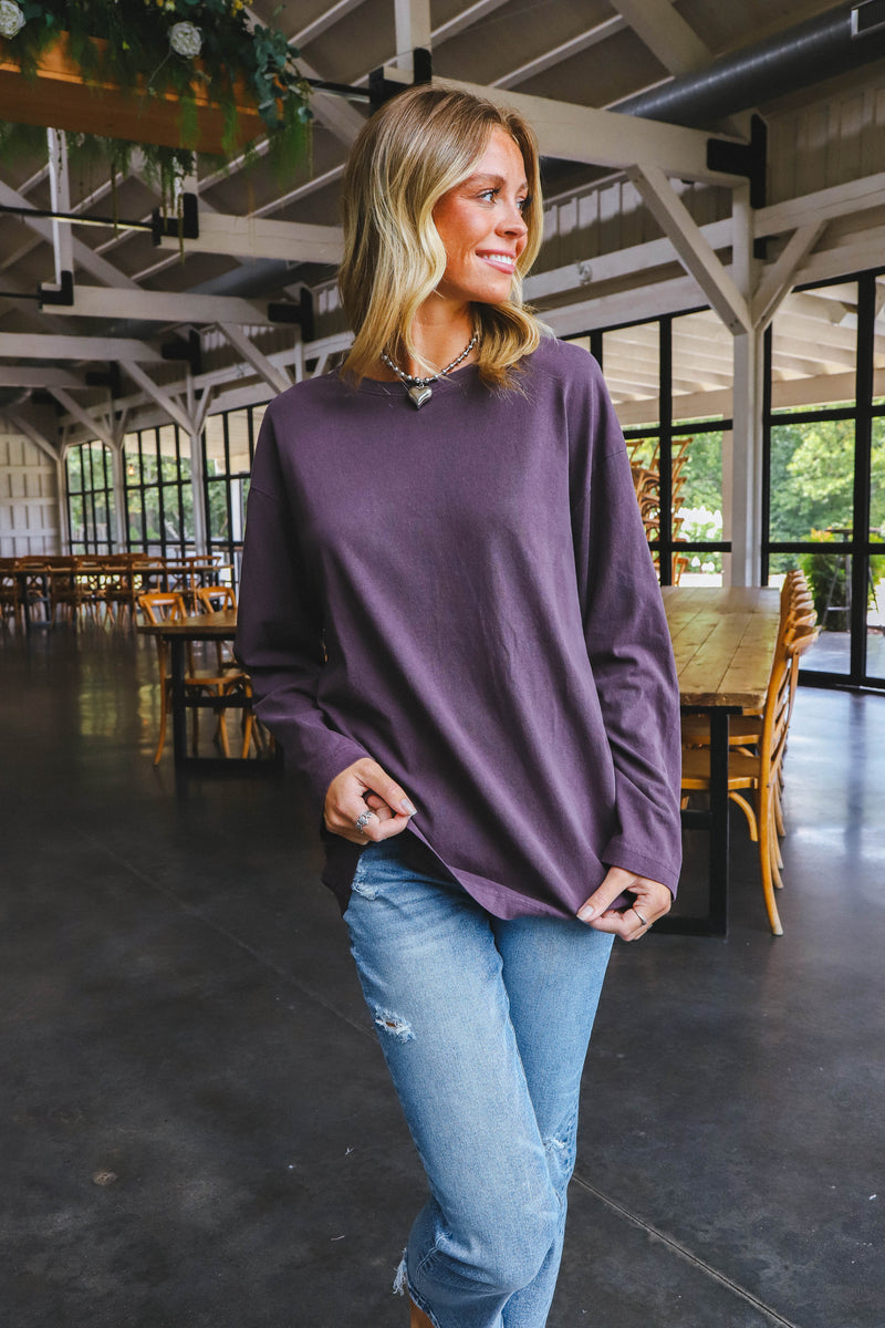 Simone Oversized Long Sleeve Tee, Dark Plum