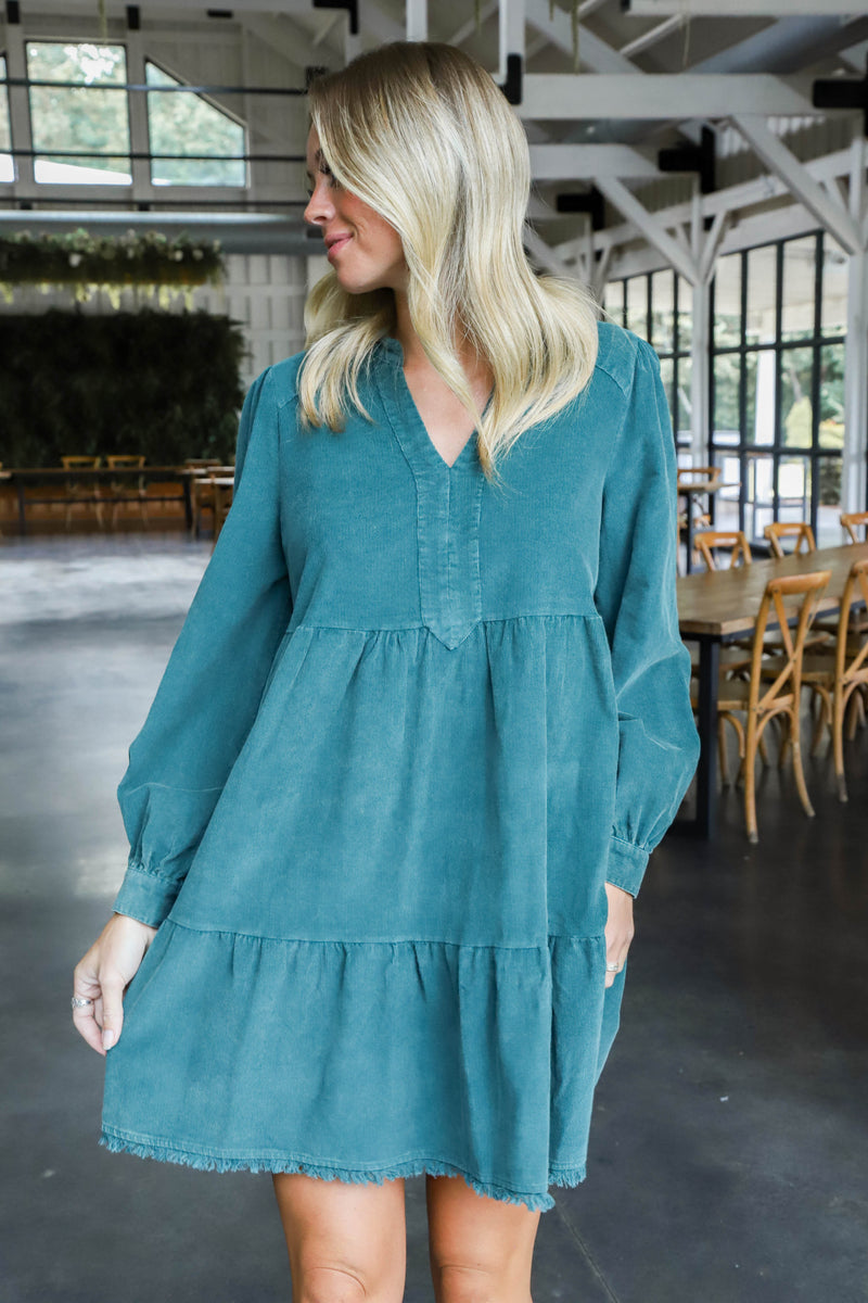 Leslie Corduroy Tiered Dress, Hunter Green