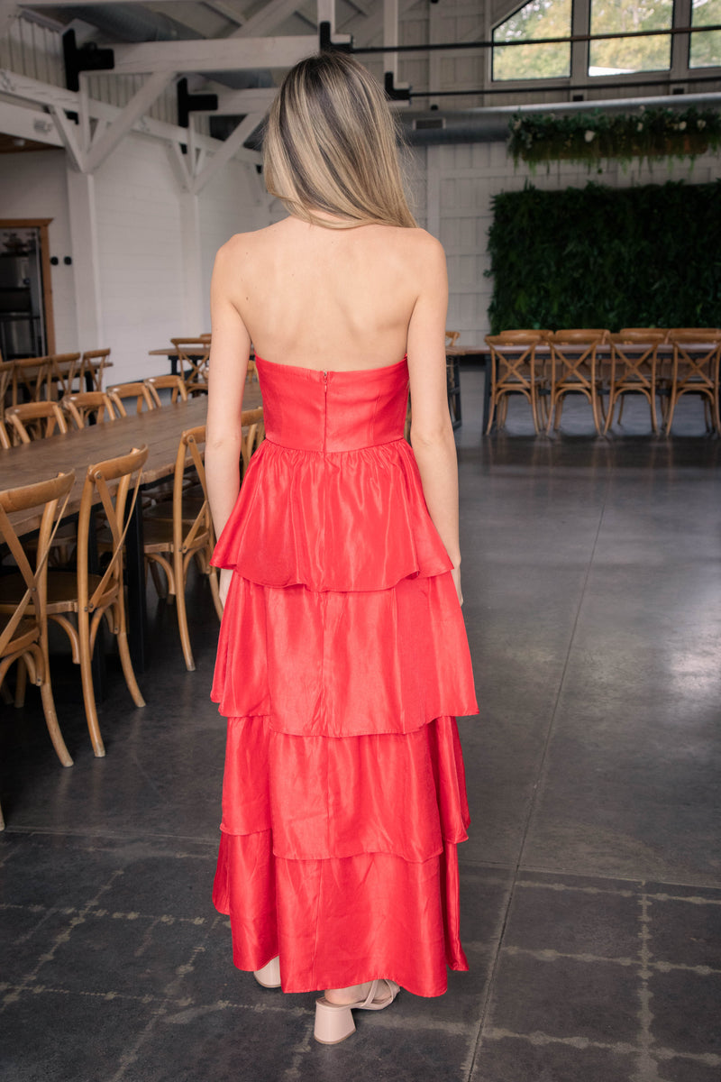 Baylie Strapless Tiered Maxi Dress, Red