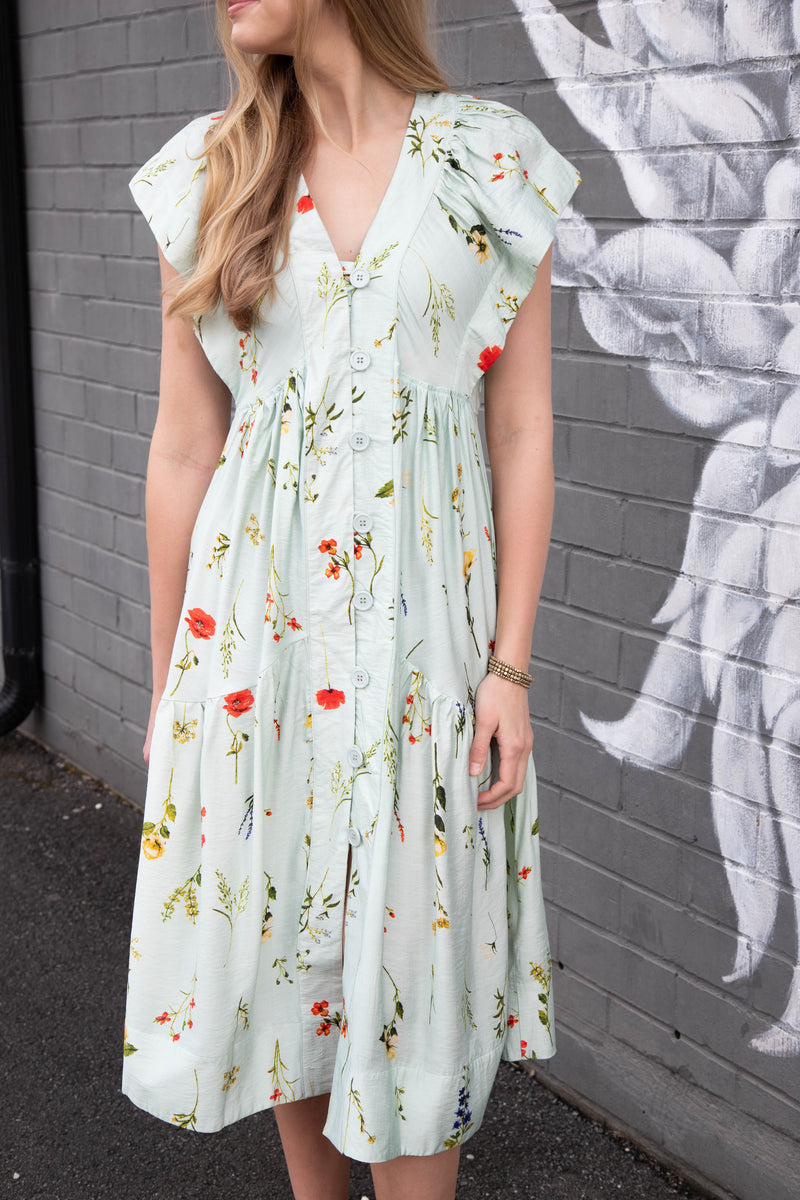 Seneca Button Down Floral Midi Dress, Mint Mix