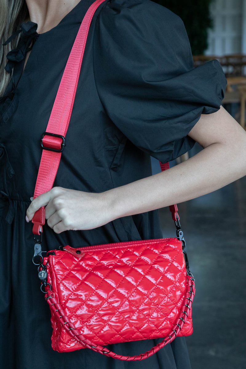 Carlee Quilted Crossbody Bag, Red Patent