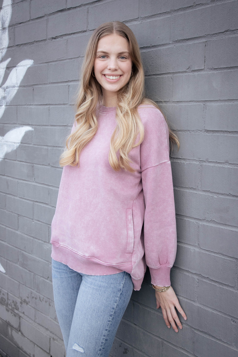 Lia Acid Washed Fleece Pullover, Light Rose