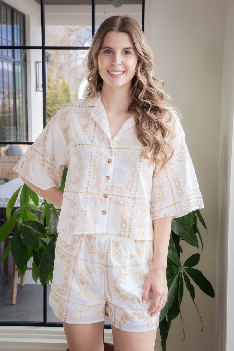 Quinn Embroidered Button Down Shirt, Taupe