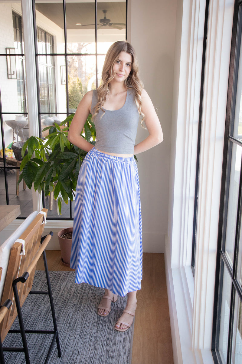 Lyra Striped Midi Skirt, Blue/White