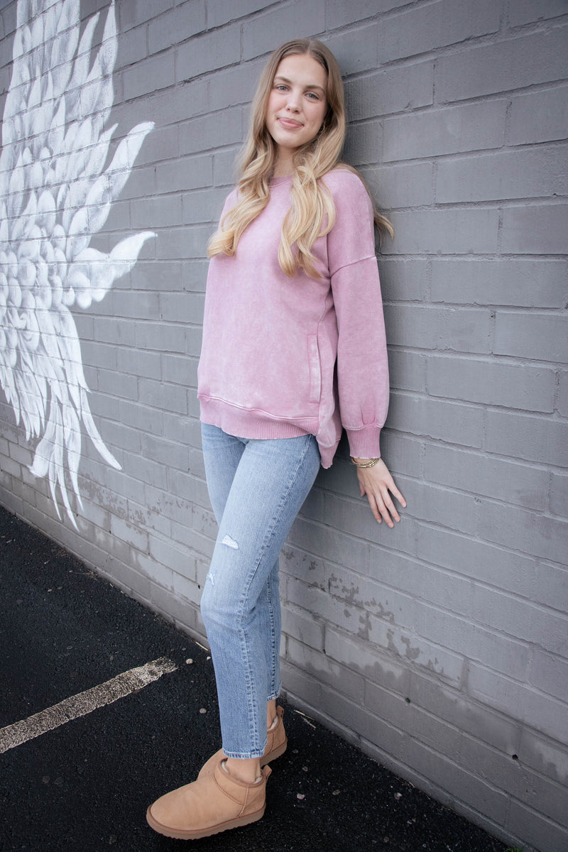 Lia Acid Washed Fleece Pullover, Light Rose