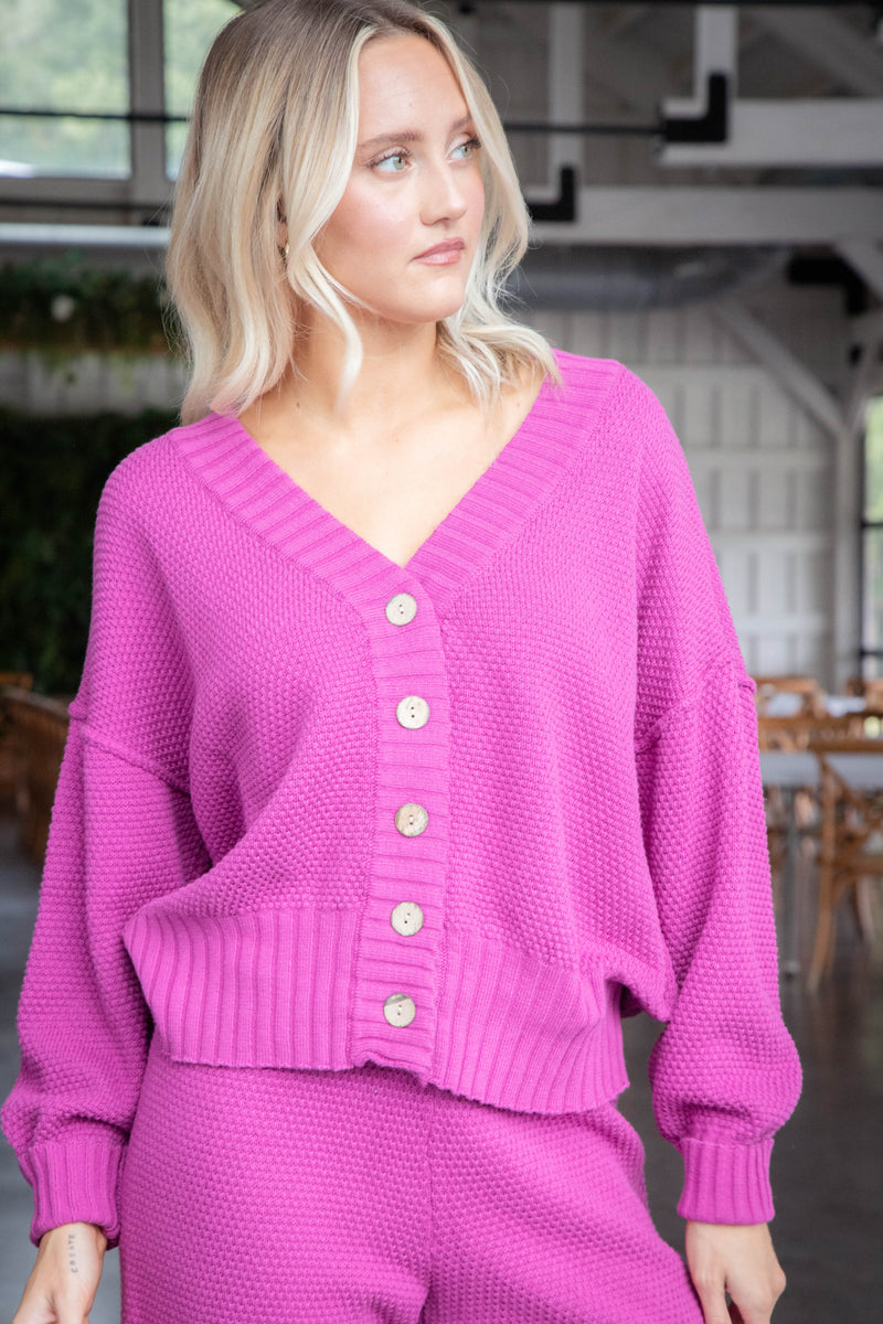 Milena Waffle Knit Cardigan, Berry