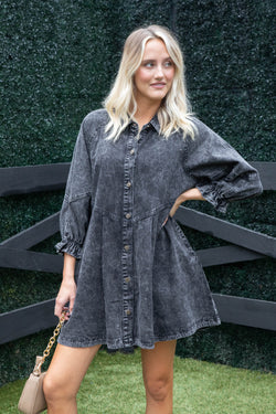 Jess Button Down Denim Dress, Washed Black