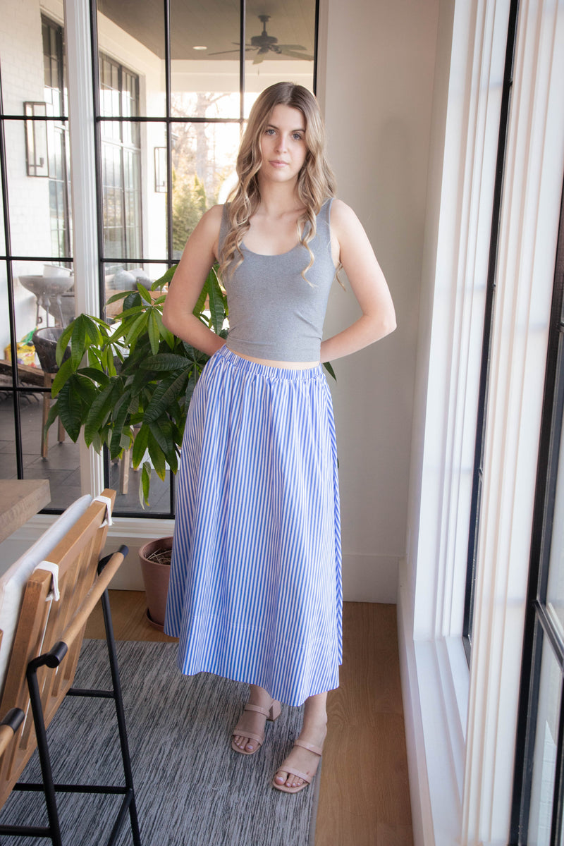 Lyra Striped Midi Skirt, Blue/White