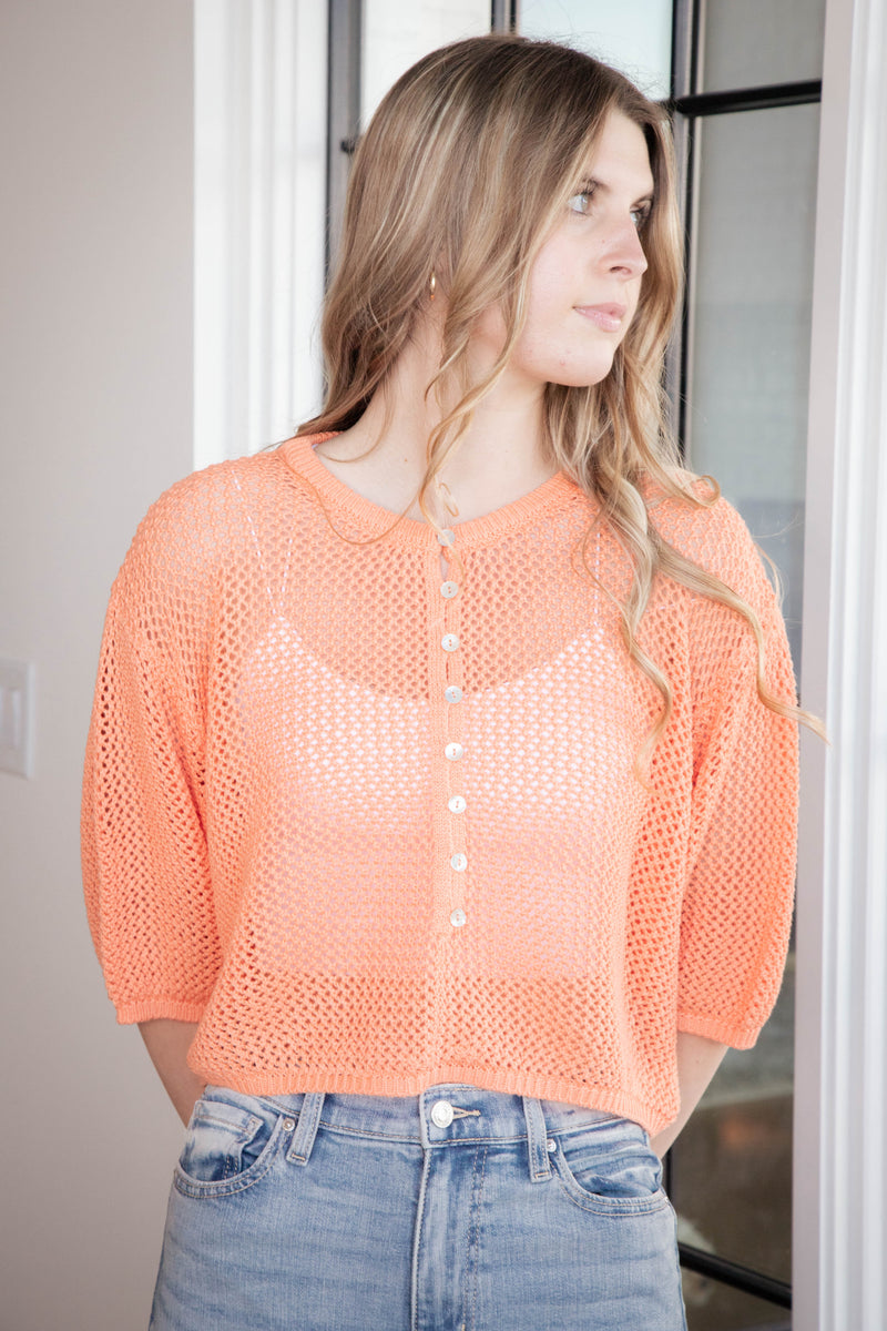 Larsen Open Knit Buttoned Top, Light Orange