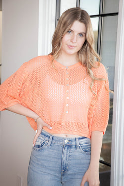 Larsen Open Knit Buttoned Top, Light Orange