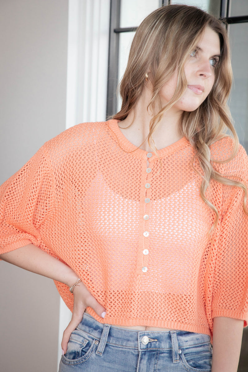 Larsen Open Knit Buttoned Top, Light Orange