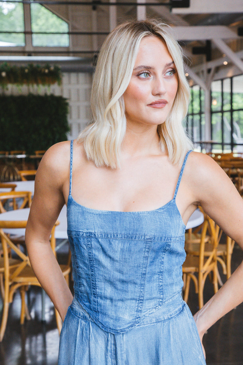 Allison Sleeveless Corset Crop Top, Chambray