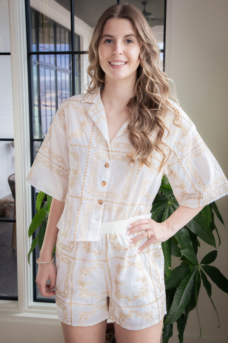 Quinn Embroidered Button Down Shirt, Taupe