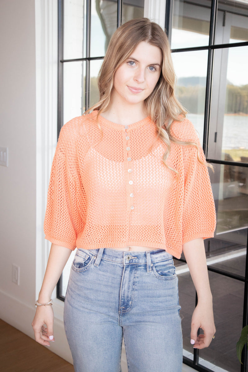 Larsen Open Knit Buttoned Top, Light Orange