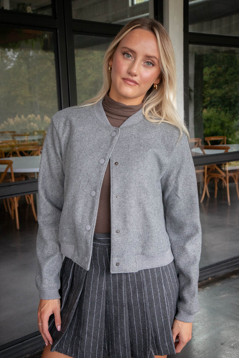 Kaley Snap Front Bomber Jacket, Heather Grey