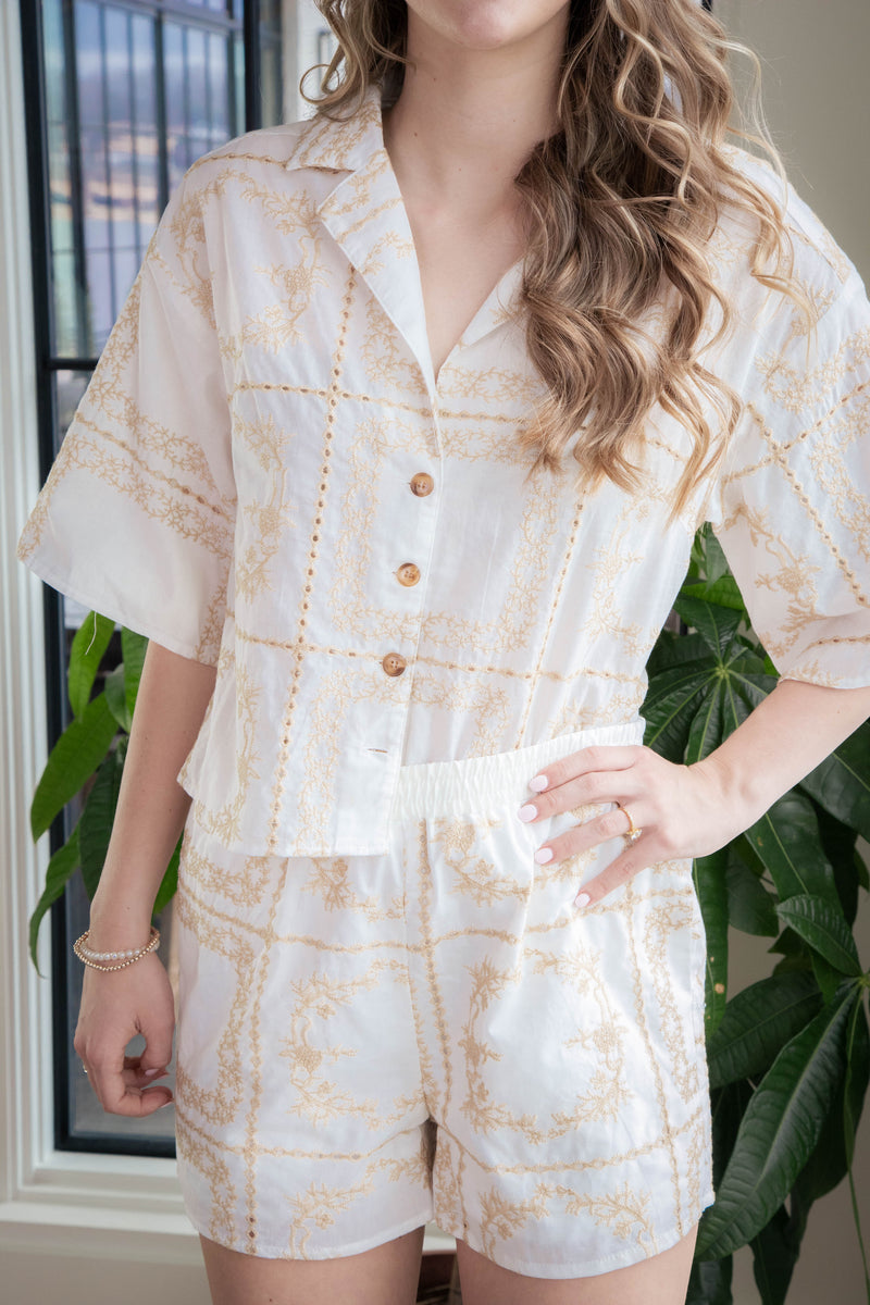 Quinn Embroidered Button Down Shirt, Taupe