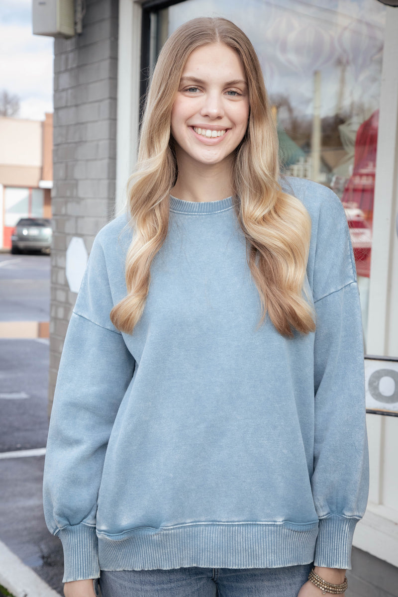 Lia Acid Washed Fleece Pullover, Blue Grey