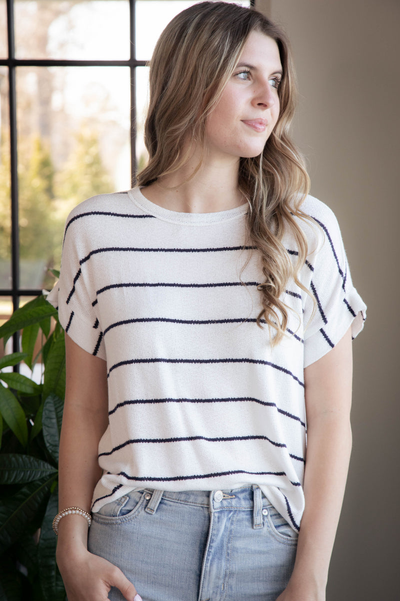 Vienna Striped Knit Top, Ivory